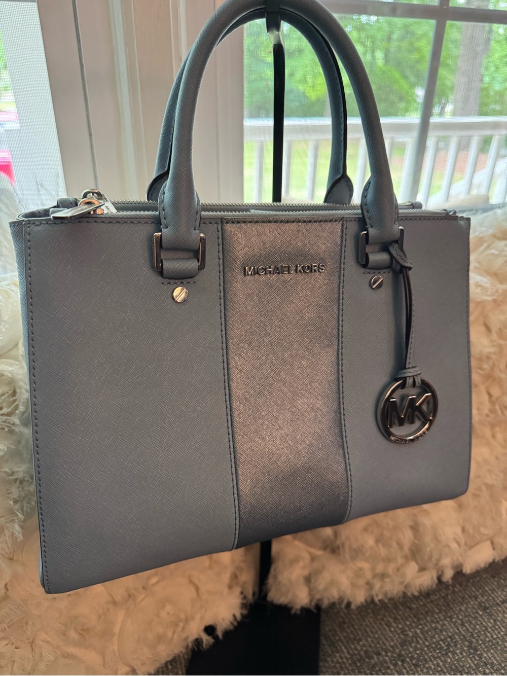 Michael Kors Sutton Medium Satchel Light Blue Saffiano Leather Metallic Stripe